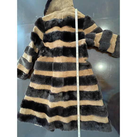 Vintage 70s Mouton Fur Long Coat Suede Stripe Shearling Retro Boho Glam XXS READ - Picture 16 of 16